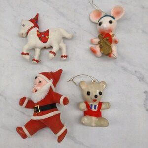 Vtg Flocked Christmas Ornaments Santa Waving Dancing Horse Mouse Bear SEE TLC